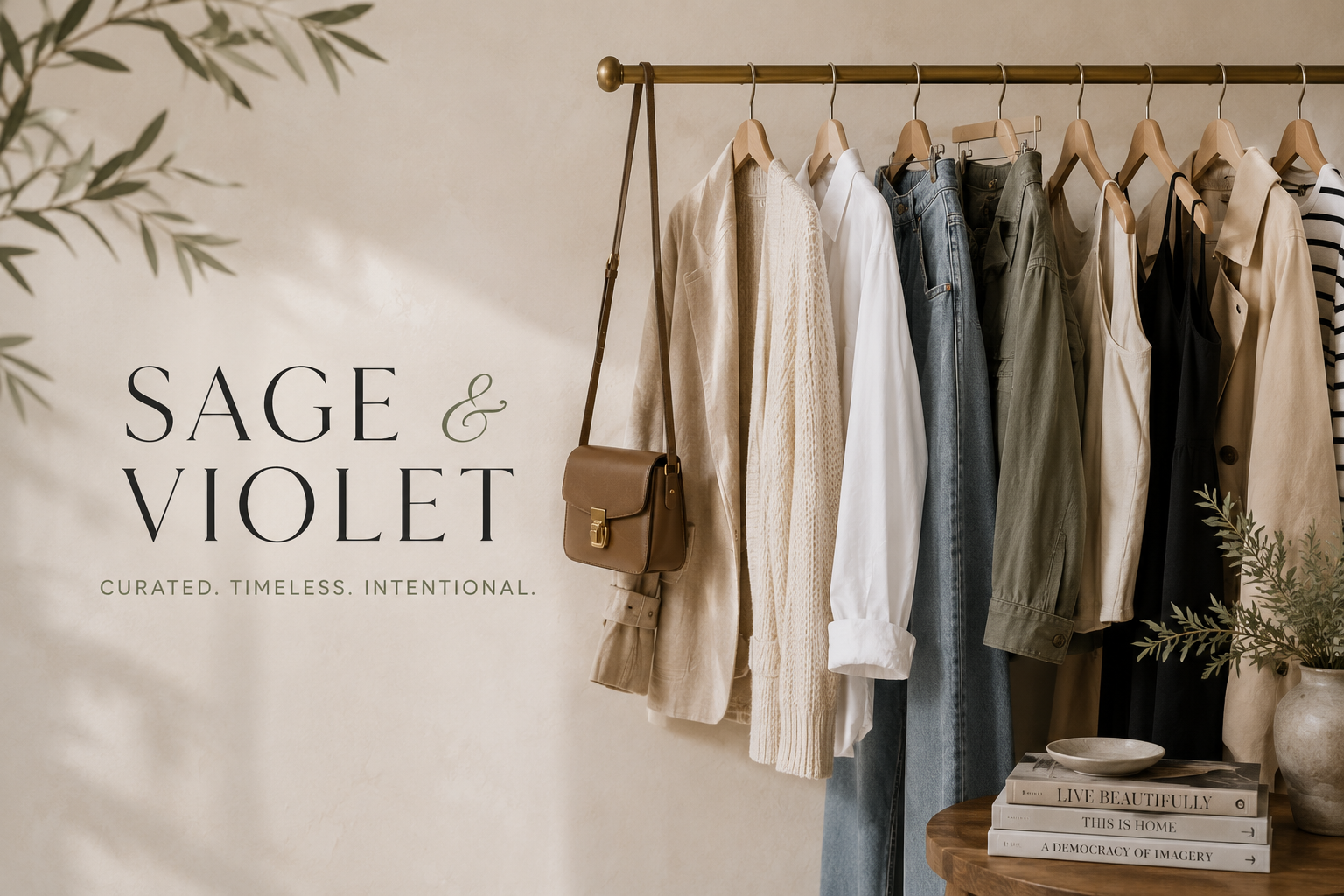 Sage & Violet — curated, timeless, intentional. A rack of neutral-toned wardrobe pieces styled with a leather crossbody bag.